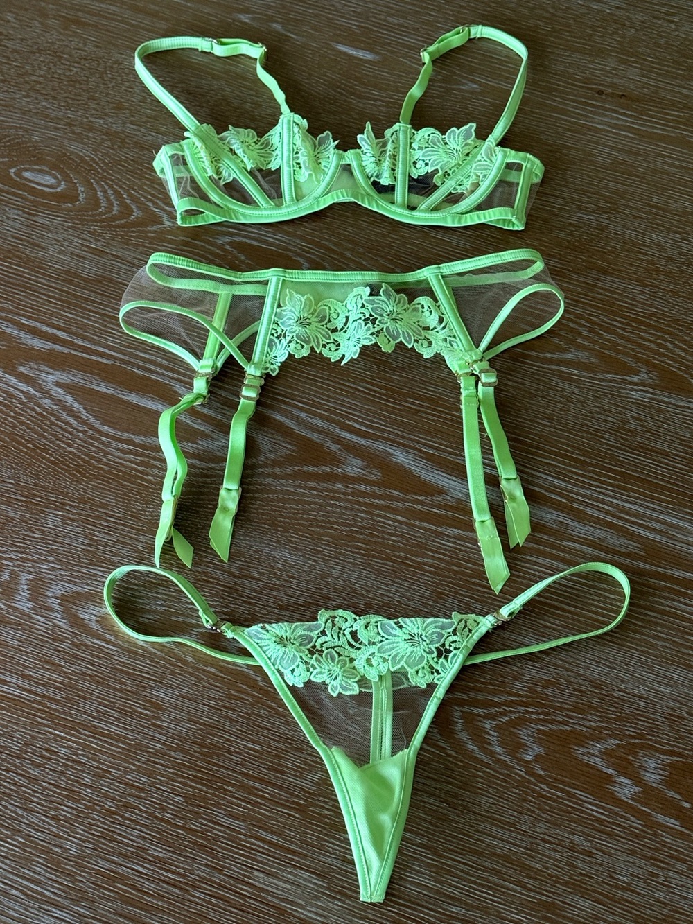Honey Birdette Neon Lime Sheer Floral Embroidered 3-Piece Set